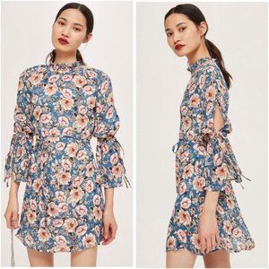 Topshop Blue Peony Floral Tie Sleeve Skater Dress
